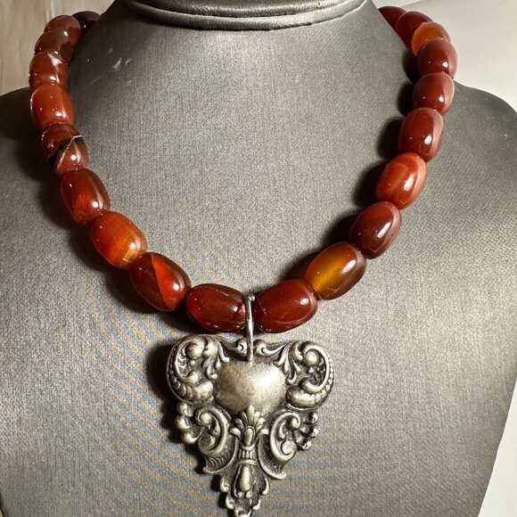 Genuine Carnelian Victorian Silver Pendant Gemstone Choker Goth Necklace Gift